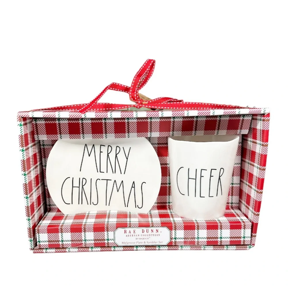NEW Rae Dunn MERRY CHRISTMAS/CHEER Melamine Plate & Tumbler Set